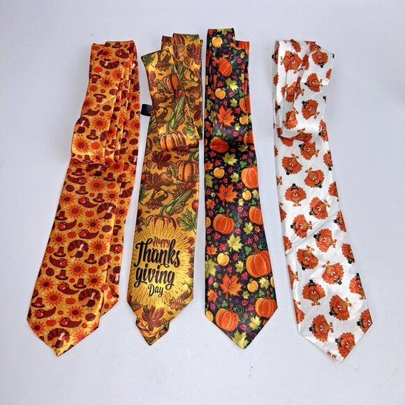 Lot of FOUR Men's Novelty Thanksgiving Neck Ties Pumpkins Turkeys No Brand 56" - Picture 1 of 15